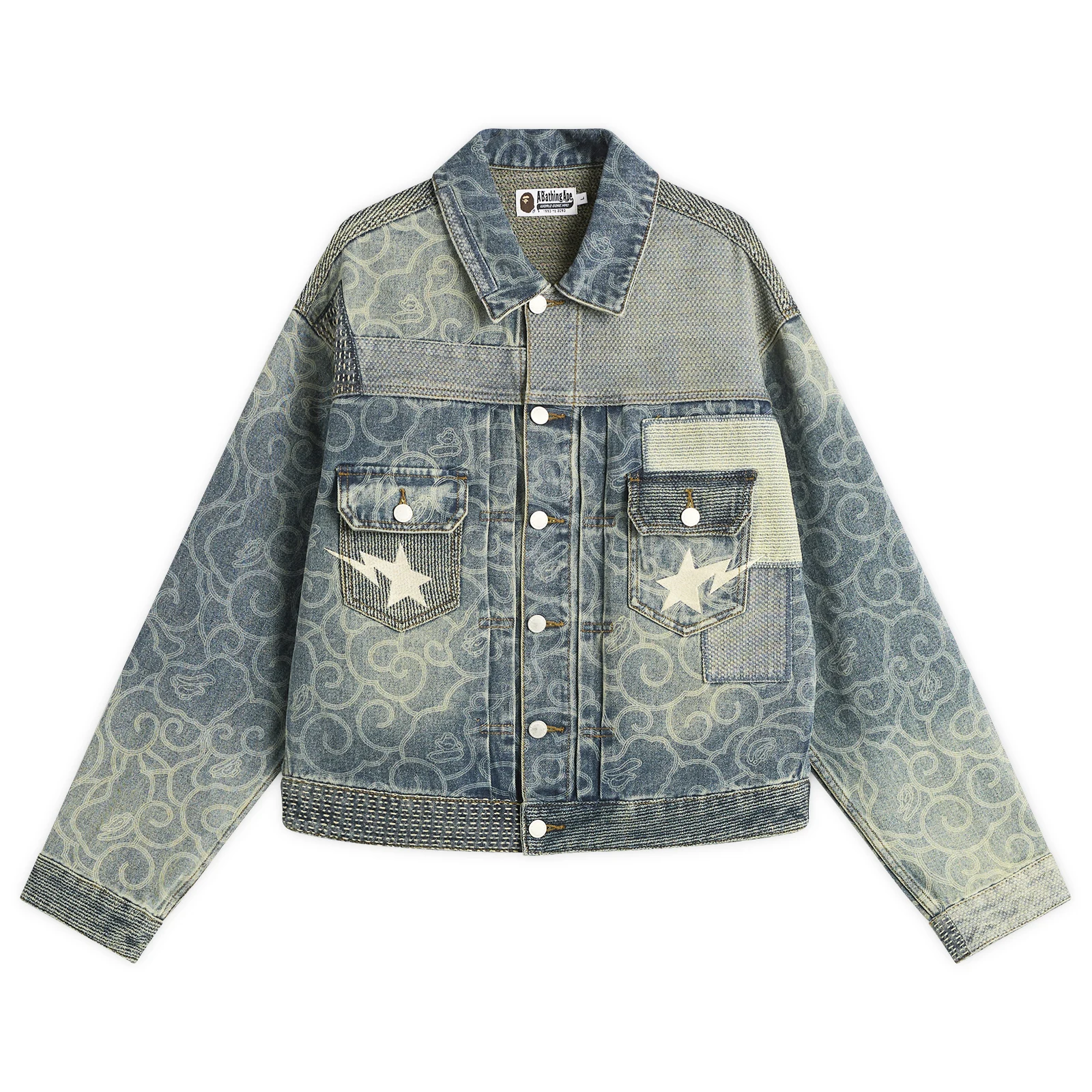 A Bathing Ape Cloud Camo Upcycled Denim Trucker Jacket