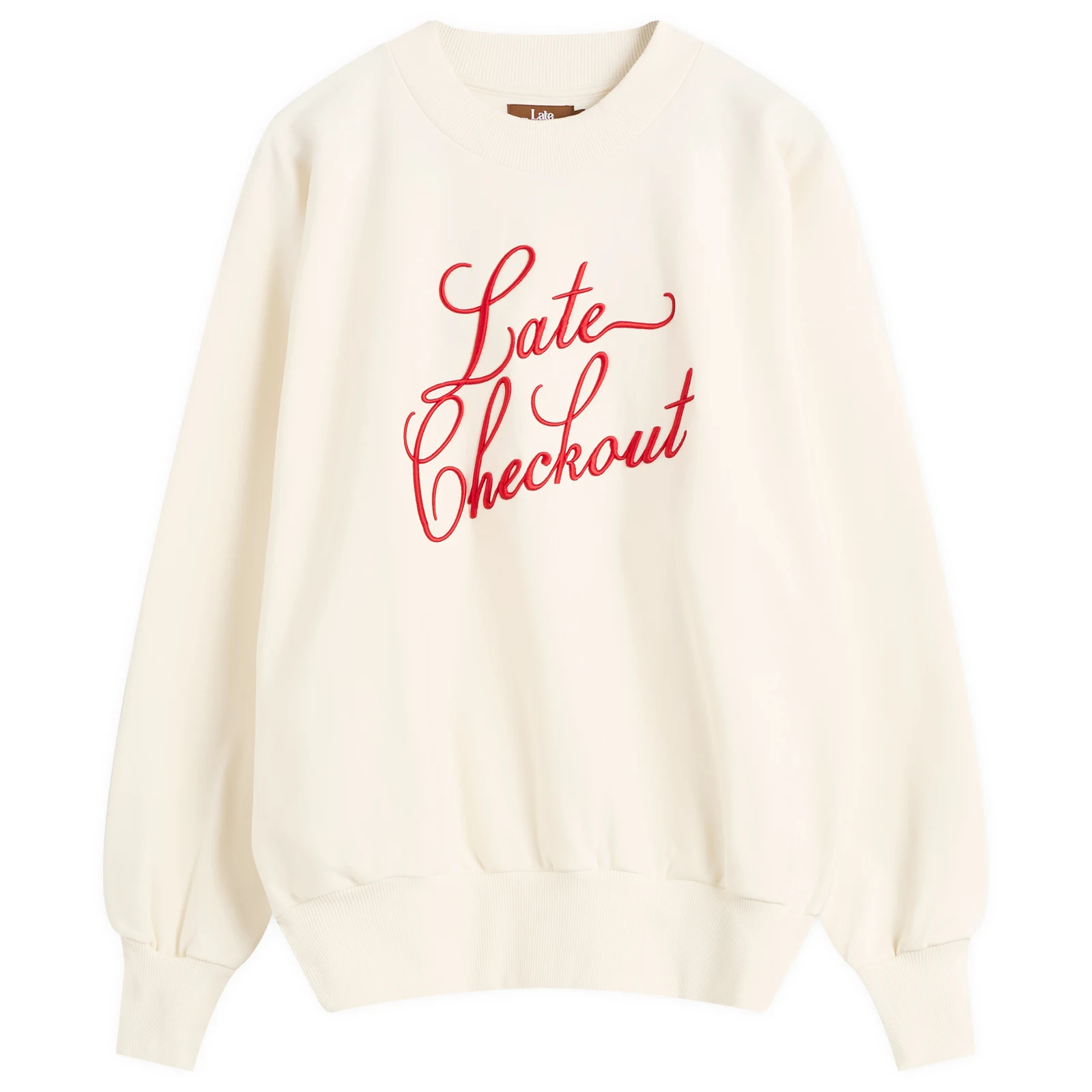 Late Checkout White/Red Script Crewneck Sweatshirt