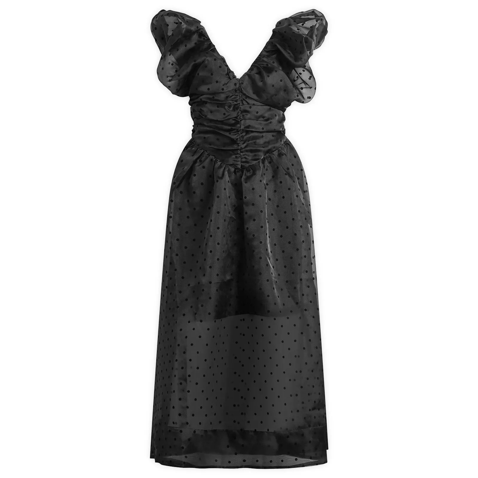 GANNI Flocked Organza Long Ruched Dress